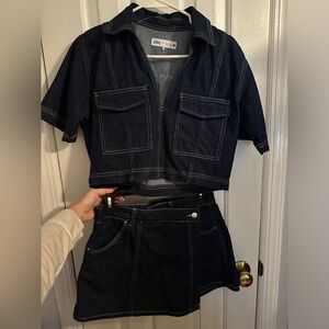 Zara Dark Denim Two Piece - Top & Skirt Set